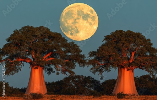 Two large trees are silhouetted against a blue sky with a full moon