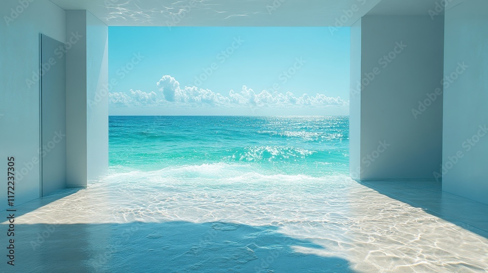 Fototapeta premium A room with a large window overlooking the ocean