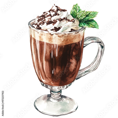 A watercolor vector painting of a Choco-Mint Latte, isolated on a white background. Choco-Mint Latte vector.

