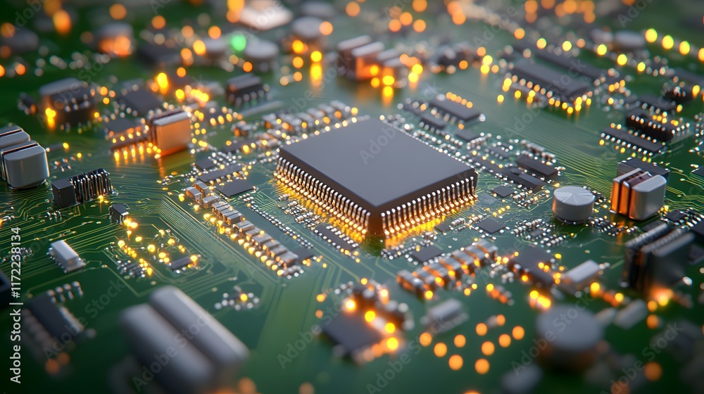 Obraz premium Close-Up Perspective of a Green Circuit Board with Microchip and Illuminated Components Highlighting Modern Technology and Innovation in Electronic Devices