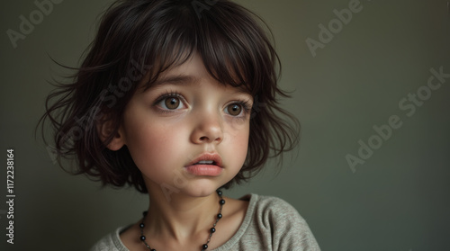 A young cherubic looking boy or girl child with huge brown eyes, full cheeks and short dark hair. The toddler is wearing a gray top an looking off into the distance. Green background.