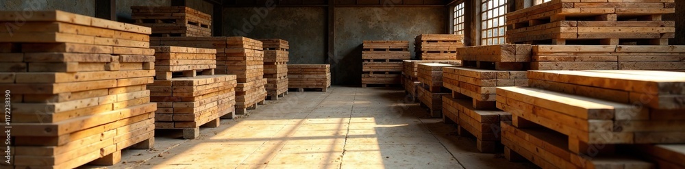 Wooden planks piled on wooden pallets in a rustic sawmill, texture, wooden boards Wooden planks piled on wooden pallets in a rustic sawmill, texture, wooden boards
