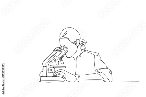 Female scientist working using microscope in continuous one line drawing. Single line art illustration of scientist. Editable vector.