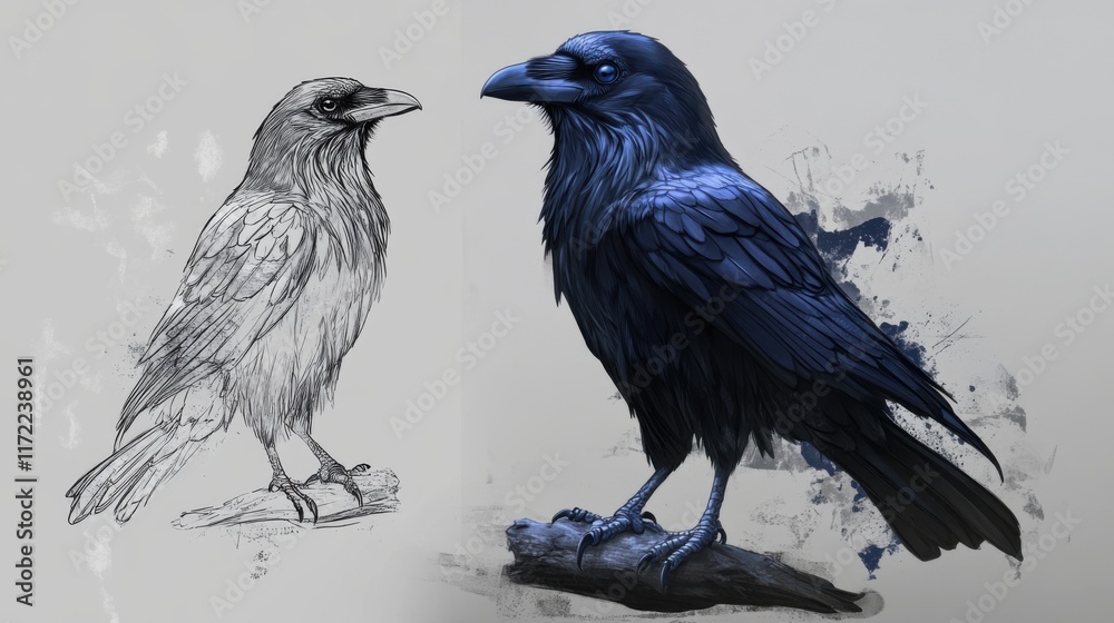 Fototapeta premium Raven Illustration: A Striking Digital Drawing of a Raven with Sketch Version