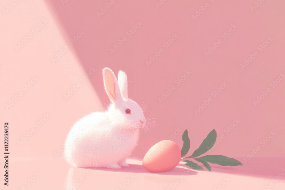 Obraz premium Pink Background With a White Rabbit Sitting Next to a Decorated Egg and Greenery in a Minimalistic Style