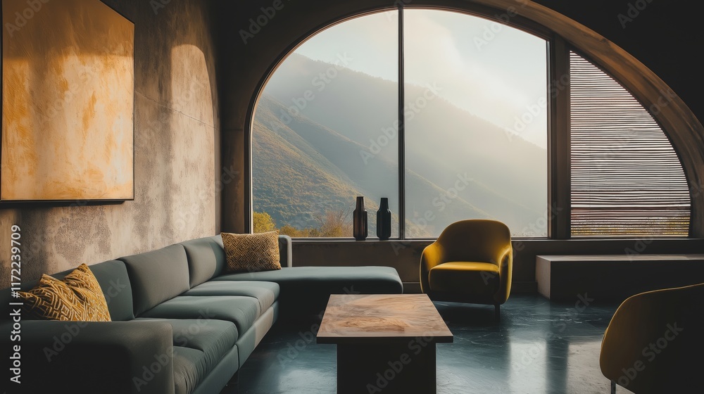 Fototapeta premium Generative AI, Modern living room with a U-shaped sectional sofa and bold geometric accents