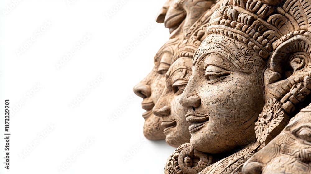 Row of Intricate Carved Wooden Faces, Asian Art. Row of Intricate Carved Wooden Faces, Asian Art.