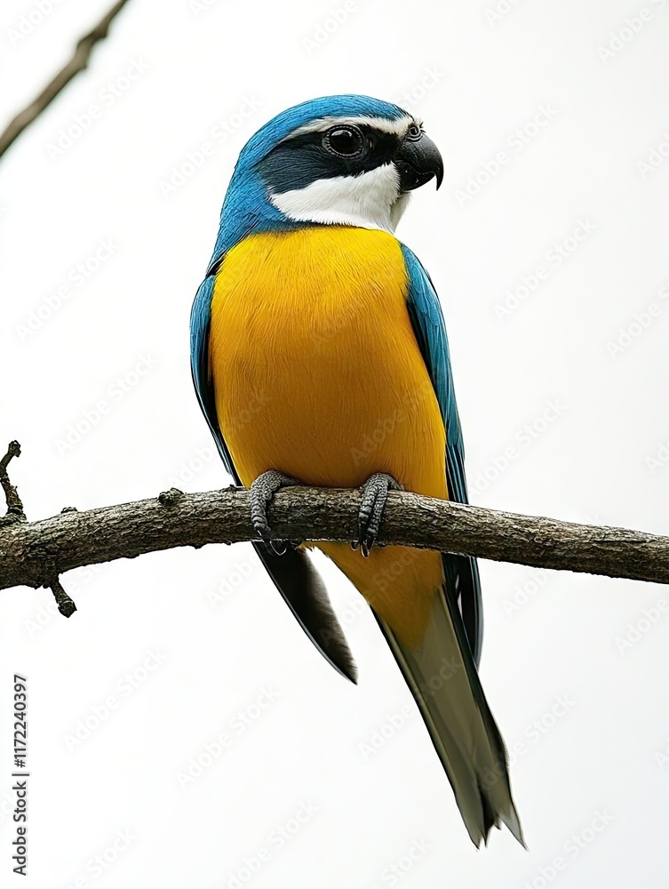 Fototapeta premium A vibrant blue and yellow bird perched on a branch against a light background.