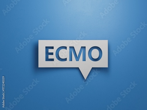 The word ecmo is written on Speech Bubble . Medical concept.Minimalist Abstract Design With White Cut Out Paper.3D rendering on blue background.