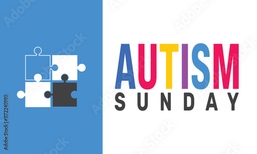 February is Autism sunday colorful Puzzle background template. Perfect for banners, cards, posters, and social media .Vector design with text inscription and classic color for a professional look