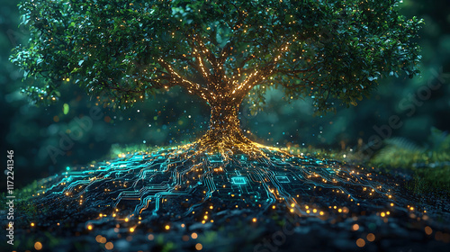 Abstract tree with glowing branches and digital circuit roots, blending nature with technology, in neon blue and green, set against a futuristic digital landscape
