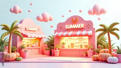 summer cafe shop 3d render cartoon colorful