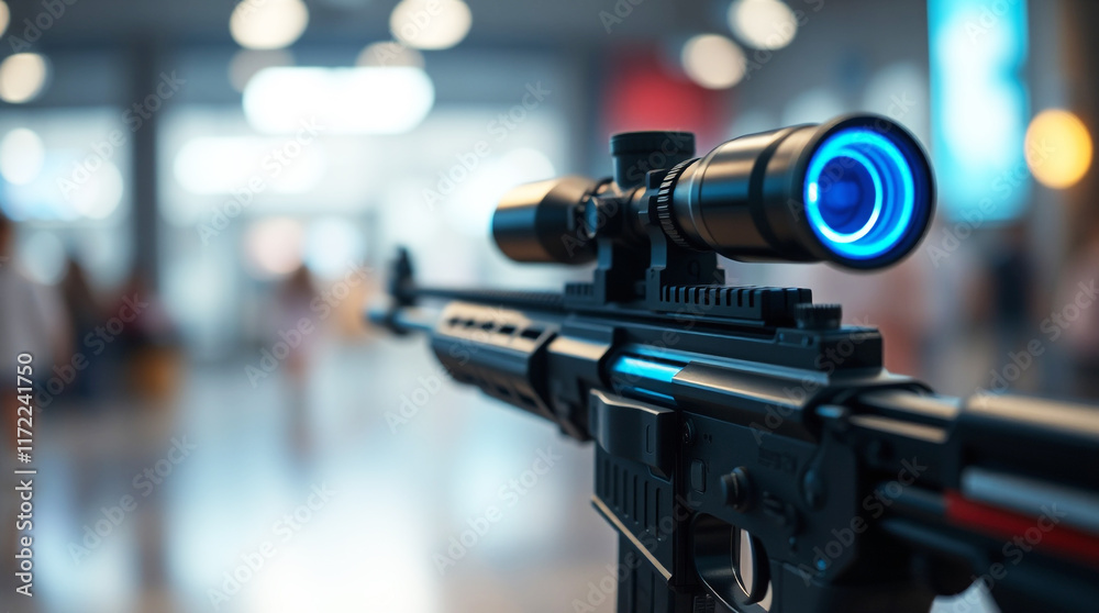 Detailed view of a modern tactical rifle with a highlighted lens, captivating and dynamic. Detailed view of a modern tactical rifle with a highlighted lens, captivating and dynamic.