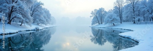 A frozen pond shrouded in whiteout conditions, tranquility, ice, foggy
