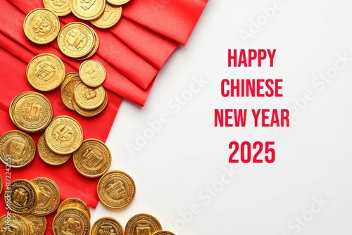 Image of gold coins and red paper envelopes on a white background with the text 