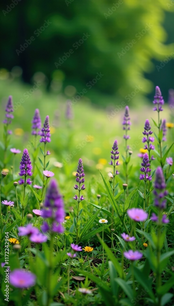 Obraz premium A meadow filled with purple wildflowers and lush greenery, flowers, wildflowers, landscape photography