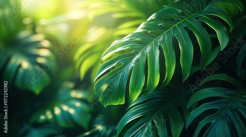 Lush green leaves in a tropical setting, capturing nature's beauty.