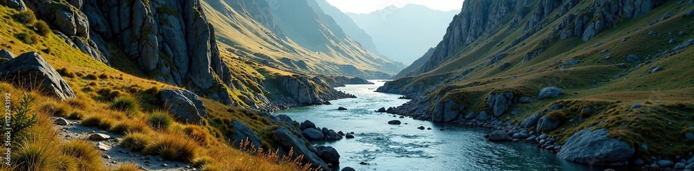 Ancient rugged terrain with a river flowing through it, flow, serene Ancient rugged terrain with a river flowing through it, flow, serene