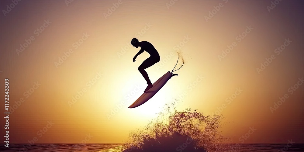 A surfer performing a jump against a sunset backdrop, creating a dynamic and energetic scene. A surfer performing a jump against a sunset backdrop, creating a dynamic and energetic scene.