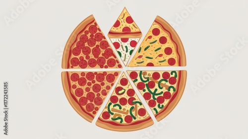 Vector illustration of a pizza slice composition with multiple types of pizza photo