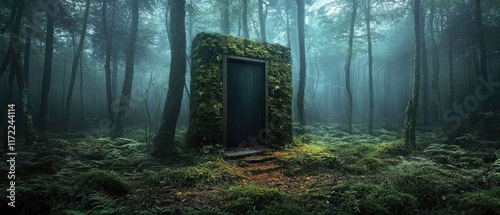 The door stands imposingly in a mystical forest clearing, inviting exploration into the unknown photo