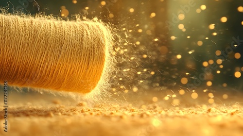 Close-up of Soft Yellow Thread Untwisting on Surface with Dust and Light Particles Creating a Magical Atmosphere in Crafting Space photo