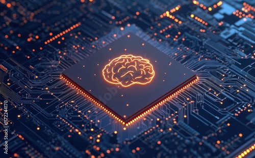 A glowing brain icon atop an AI chip with intricate circuitry, symbolizing advanced artificial intelligence technology and its transformative impact on business. Ideal for tech and innovation designs