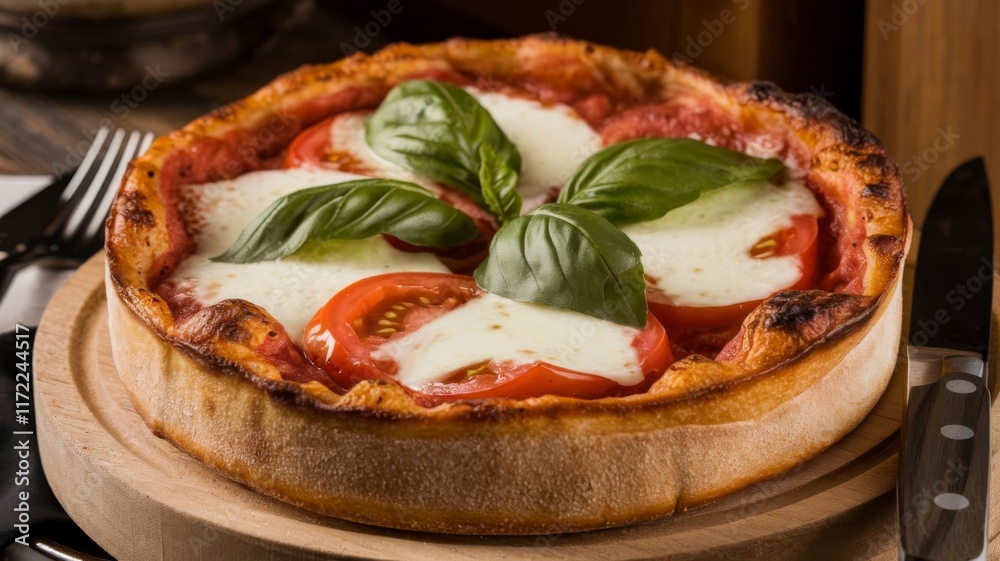 Wood-fired Chicago deep-dish Margherita pizza, a true taste of amore. Wood-fired Chicago deep-dish Margherita pizza, a true taste of amore.