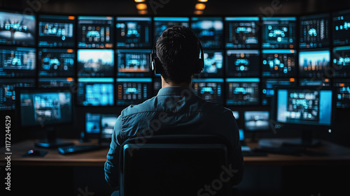 The Data Guardian: A lone cybersecurity professional in a darkened control room, intently monitoring a wall of digital screens filled with intricate data streams and graphs.