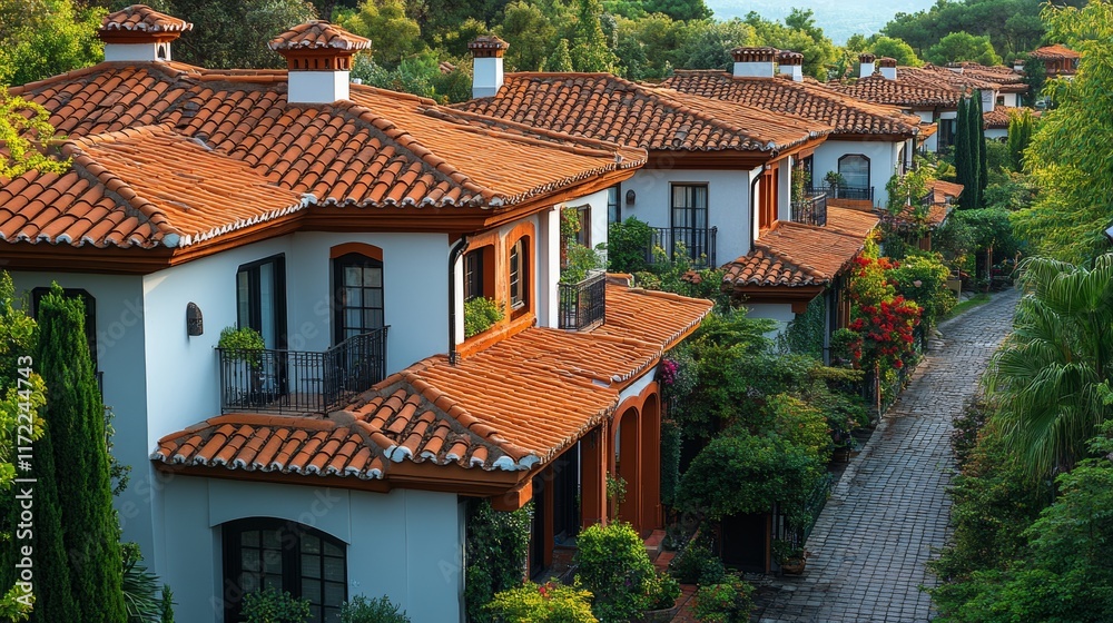 Mediterranean Villas: A Row of Elegant Homes with Terracotta Roofs Mediterranean Villas: A Row of Elegant Homes with Terracotta Roofs