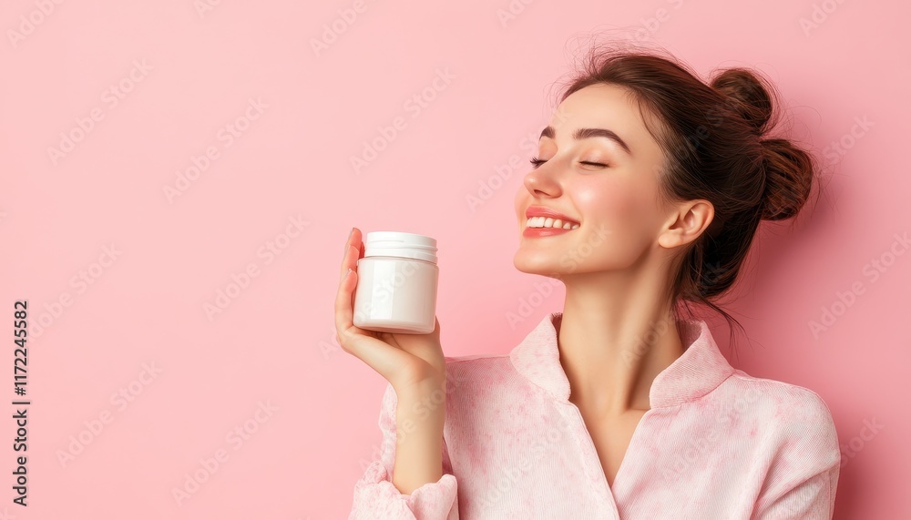 Radiant Beauty Skincare Routine: Woman Enjoying Luxurious Cream Against Pink Background Radiant Beauty Skincare Routine: Woman Enjoying Luxurious Cream Against Pink Background
