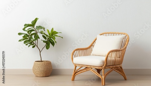 home decor minimalism. Rattan armchair with a natural finish and off-white cushions, providing a neutral and eco-friendly seating option