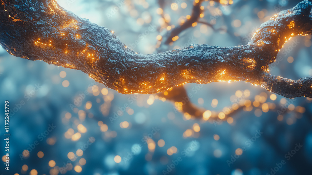 Enchanted Branch: A close-up shot of a tree branch, with glowing lights emanating from its bark, creating a magical and ethereal atmosphere.