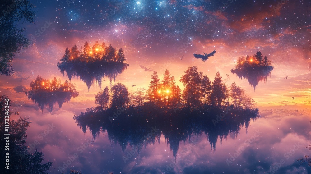 Surreal floating islands with glowing trees, birds, and a vibrant sunset sky. Surreal floating islands with glowing trees, birds, and a vibrant sunset sky.