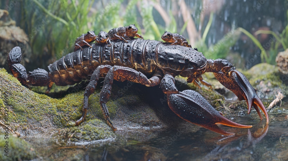 Giant scorpion carrying young frogs on its back near water. Giant scorpion carrying young frogs on its back near water.