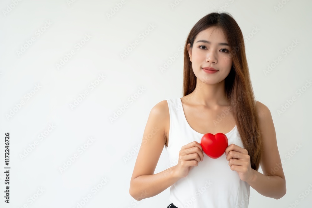 Young Woman Holding Red Heart Symbol with Calm Expression and Style Young Woman Holding Red Heart Symbol with Calm Expression and Style