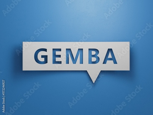 Word gemba. Wooden small cubes with letters with copy space available.Minimalist Abstract Design With White Cut Out Paper.3D rendering on blue background.
