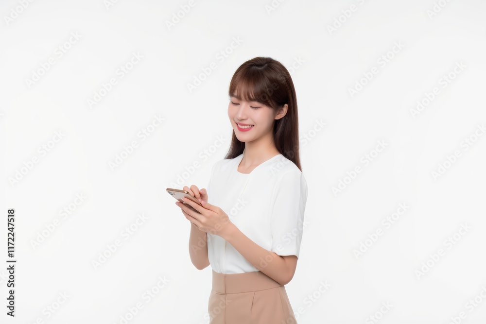 Young woman smiling and using smartphone on white background Young woman smiling and using smartphone on white background