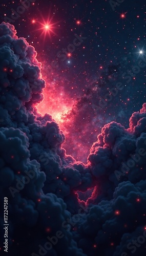 Dark and eerie nebular gases with glowing red stars, stars, galaxy, nebula