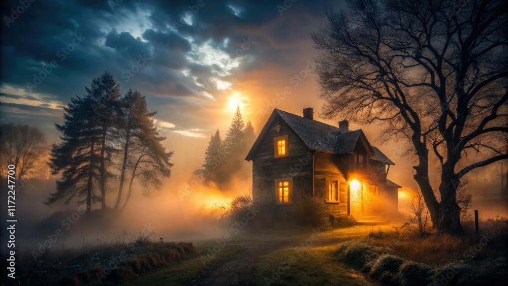 Long exposure captures a foggy, single-lit mansion; a spooky night scene unfolds.