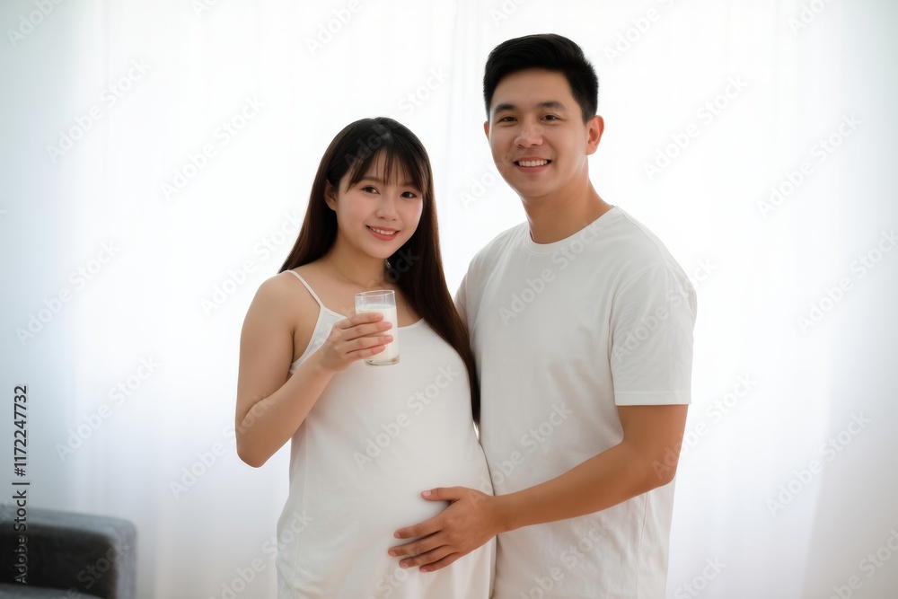 Expecting Couple Smiling Together with Glass of Milk in Bright Room Expecting Couple Smiling Together with Glass of Milk in Bright Room