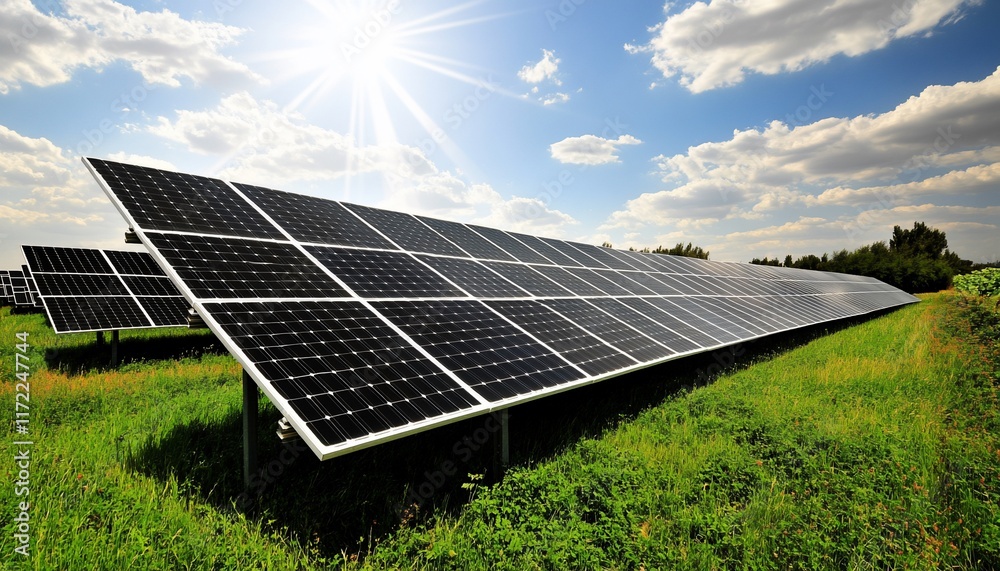Solar panels in a field under a bright sky, harnessing renewable energy. Solar panels in a field under a bright sky, harnessing renewable energy.