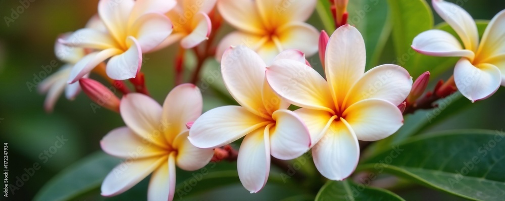 Fototapeta premium Delicate frangipani flowers in white and pale pink hues, garden, petal