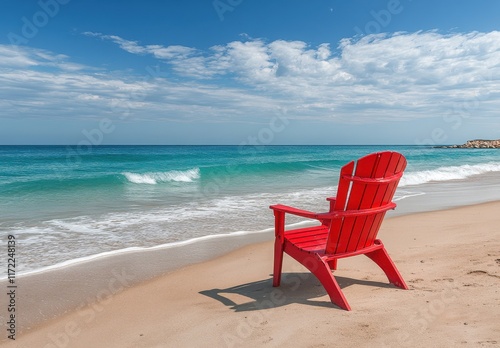 A red beach chair is sitting on the sand near the ocean