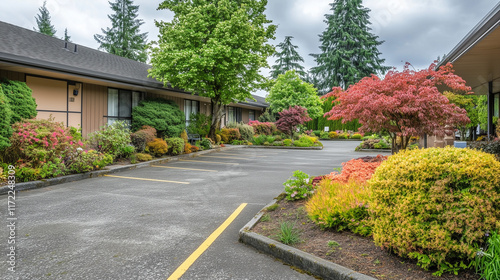 Senior care facility exterior with well-maintained garden and welcoming entrance. Emphasizing comfort and dignity in elderly living environments.