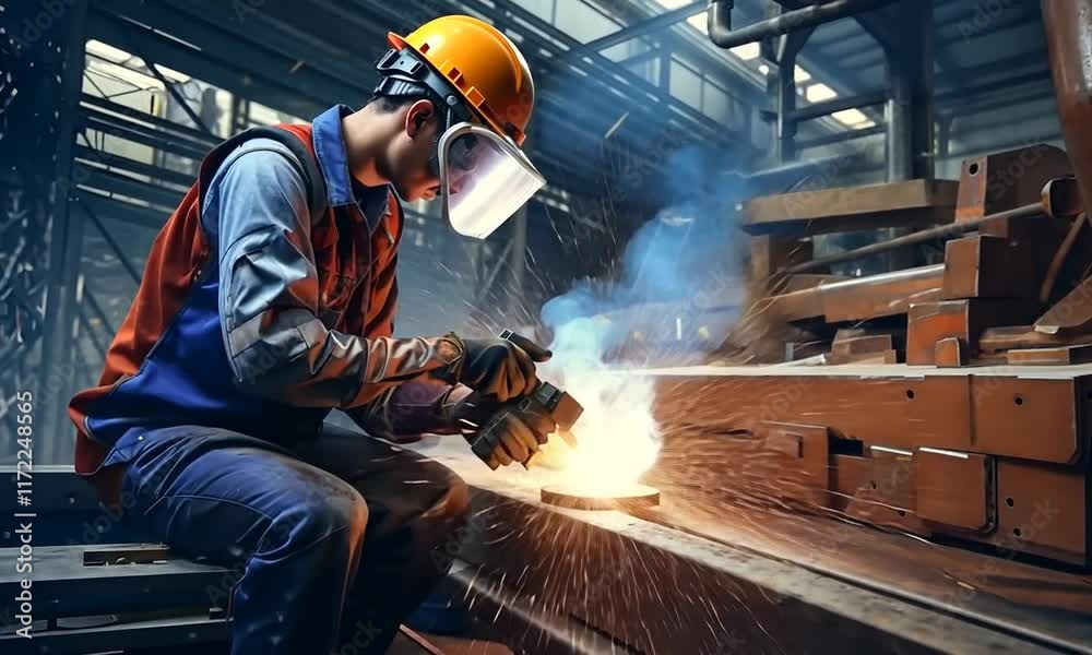 A worker in safety gear is welding metal in an industrial setting, creating sparks that illuminate the surroundings. The scene highlights craftsmanship and safety in manufacturing. A worker in safety gear is welding metal in an industrial setting, creating sparks that illuminate the surroundings. The scene highlights craftsmanship and safety in manufacturing.