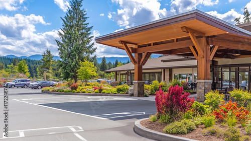 Senior care facility exterior with well-maintained garden and welcoming entrance. Emphasizing comfort and dignity in elderly living environments.