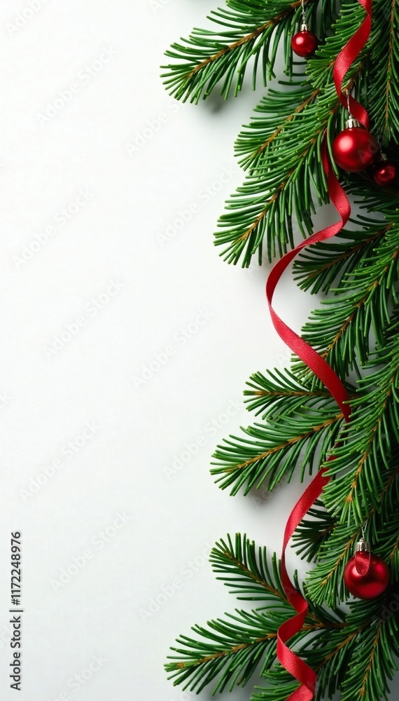 Evergreen fir branches intertwined with twigs and greenery, red ribbon, fresh, twig Evergreen fir branches intertwined with twigs and greenery, red ribbon, fresh, twig