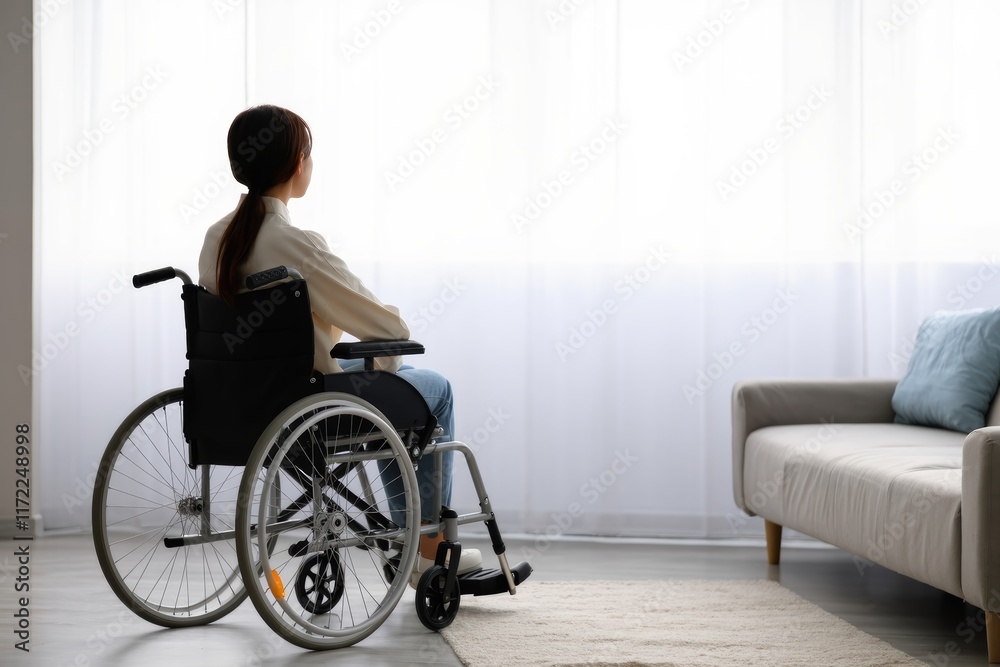 Young Woman in Wheelchair Gazing Out Window in Bright Room Young Woman in Wheelchair Gazing Out Window in Bright Room