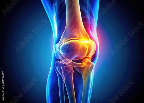 Medical image showcasing knee joint structures: ligaments, cartilage, meniscus; ideal for orthopedics, arthroscopy, and knee replacement studies.